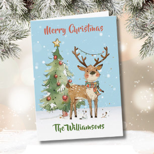 Fun Stylish Watercolor Reindeer Tree  Card
