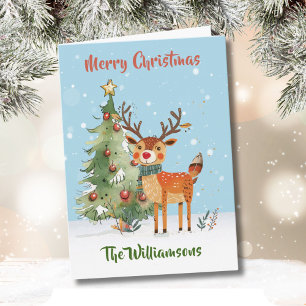 Fun Stylish Watercolor Reindeer Tree Card
