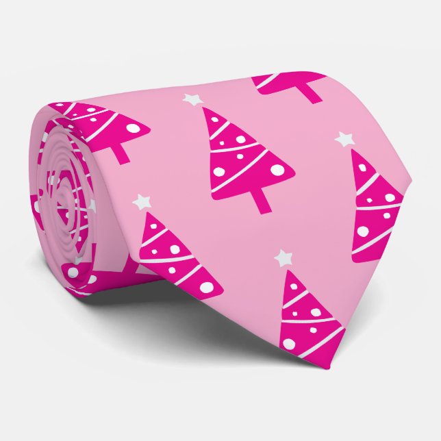 Fun Stylish White Hot Pink Christmas Tree Pattern Tie (Rolled)