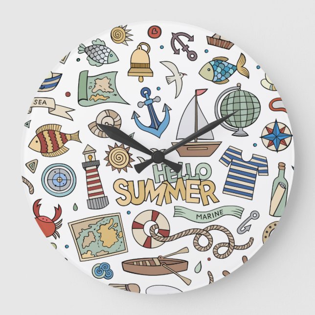 Fun Summer Beach Illustrations Large Clock (Front)