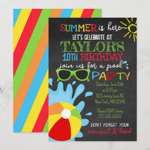 Fun Summer Chalkboard Pool Party Birthday Invitation