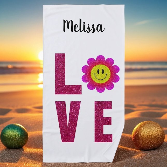Fun Summer Floral Boho Love Sunflower Pink Beach Towel (Creator Uploaded)