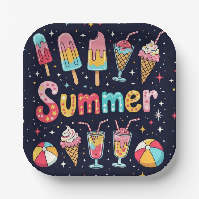 Fun Summer Graphics On Black Paper Plate (Front)