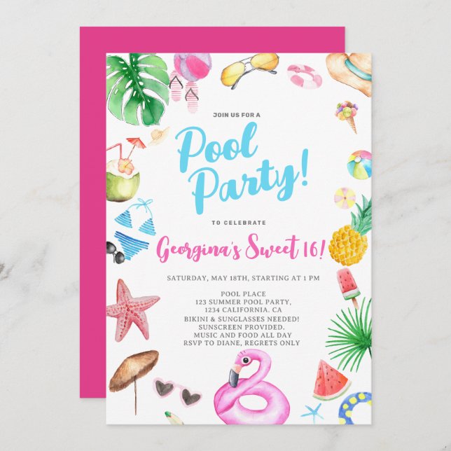 Fun summer Modern Pool Party watercolor Birthday Invitation (Front/Back)