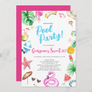 Fun summer Modern Pool Party watercolor Birthday Invitation