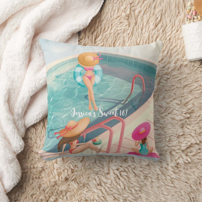 Fun Summer Pool Party Watercolor Sweet 16 Cushion (Blanket)
