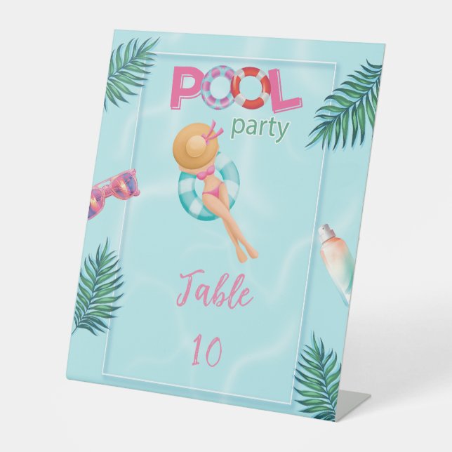 Fun Summer Pool Party Watercolor Sweet 16 Pedestal Sign (Front)