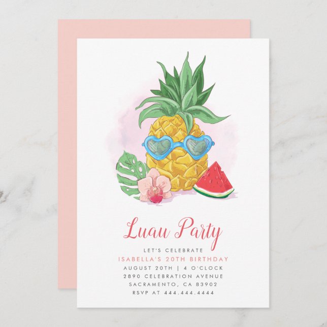 Fun Summer Tropical Pineapple Luau Party Birthday Invitation (Front/Back)
