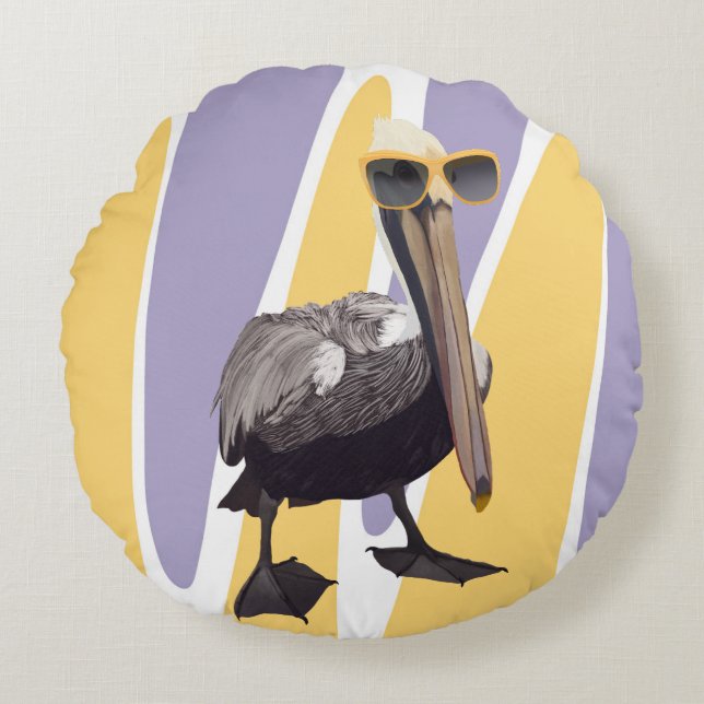 Fun Summer Vibes Pelican Bird Round Cushion (Front)
