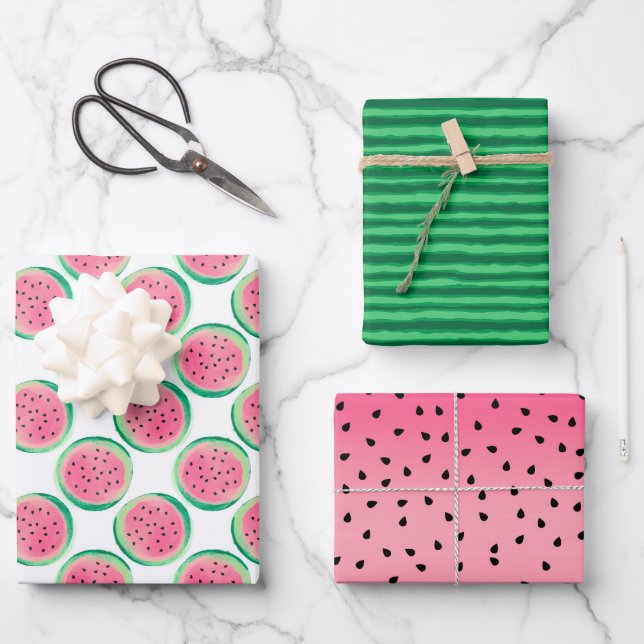 Fun Summer Watermelon Pink Green Fruit Wrapping Paper Sheet (Front)