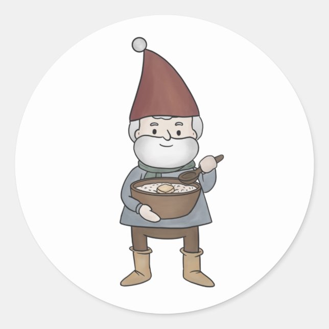 Fun Swedish Tomte Gnome & Porridge Illustration Classic Round Sticker (Front)