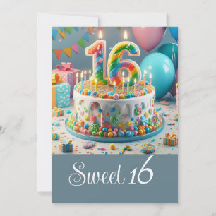 FUN SWEET 16 BIRTHDAY CAKE, CELEBRATION  INVITATION