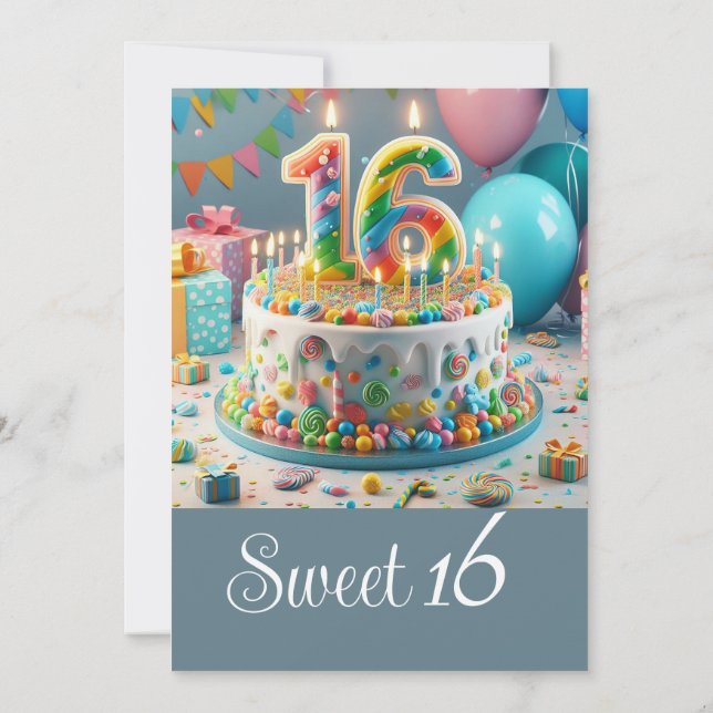 FUN SWEET 16 BIRTHDAY CAKE, CELEBRATION  INVITATION (Back)