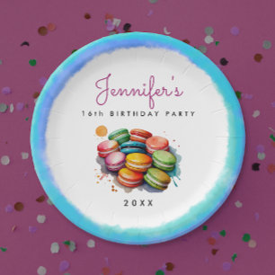 Fun Sweet Sixteen Colourful Blue Macaron Watercolo Paper Plate