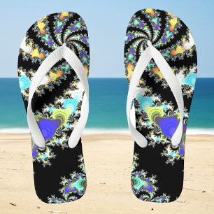Fun Swirled Fractal Black and Multicolor Geeky Jandals