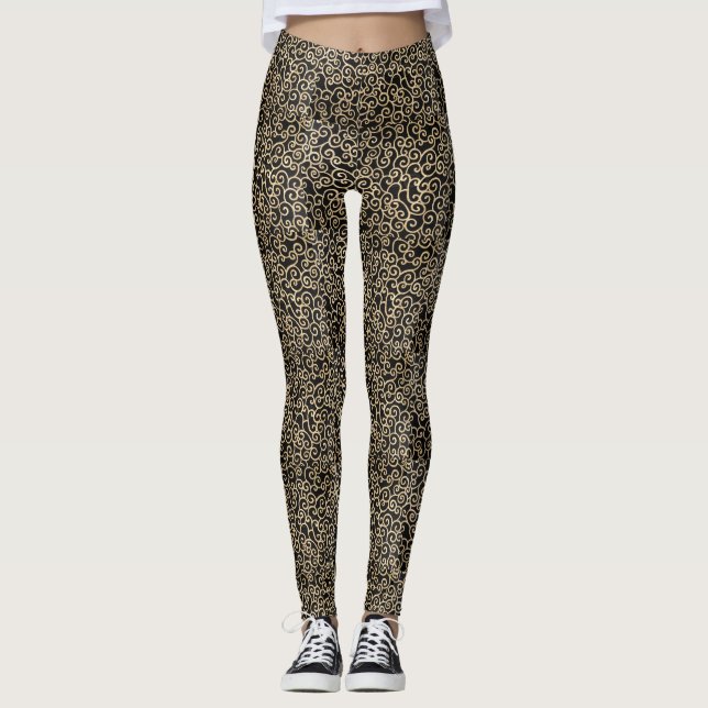Fun swirly black and gold elegant pattern leggings (Front)
