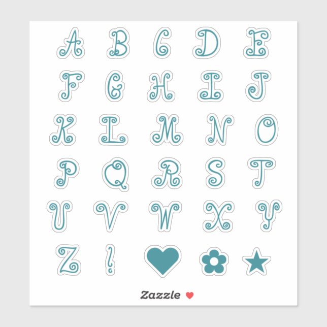 Fun Swirly Teal Font Alphabet Initials Monogram (Sheet)