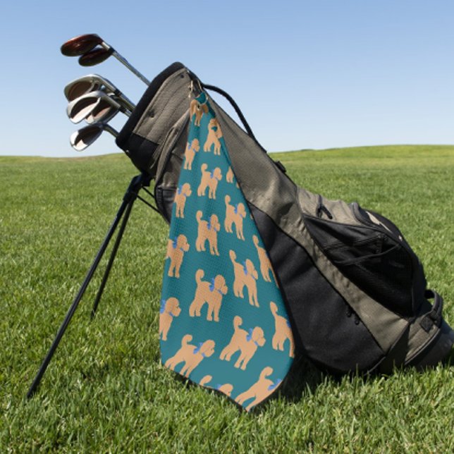 Fun Tan Doodle Dog on Dark Blue Green Golf Towel (Great gift for the golfer!)