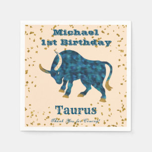 Fun Taurus First Birthday & Gold Confetti Napkin
