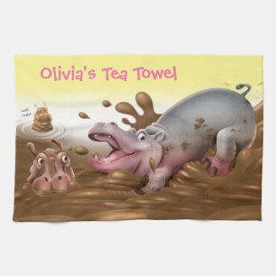Fun Tea Towel Hippos in the mud. Girls name.