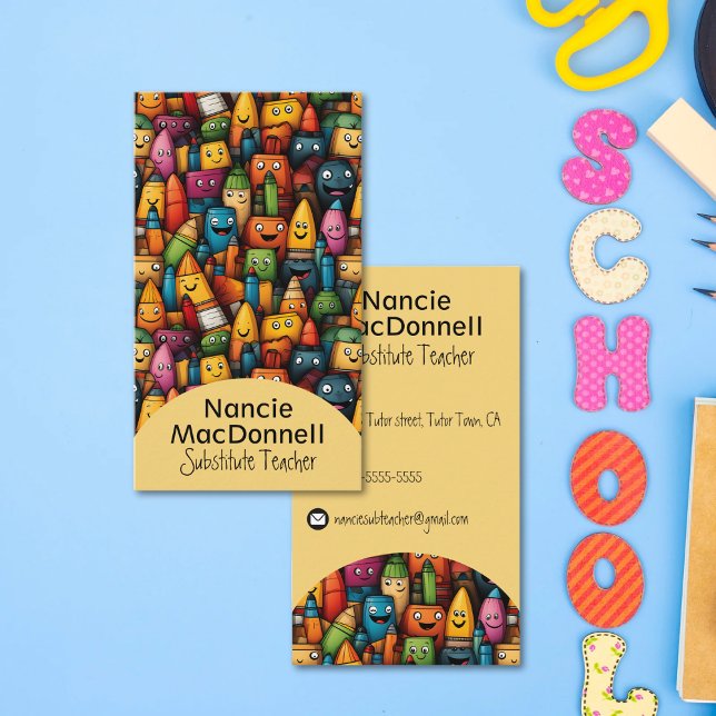 Fun Teacher Education Colourful Cartoon Pen Patter Business Card (Creator Uploaded)