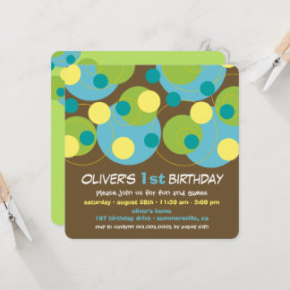 Fun Teal Bubbly Dots Photo Boy 1st Birthday Party Invitation