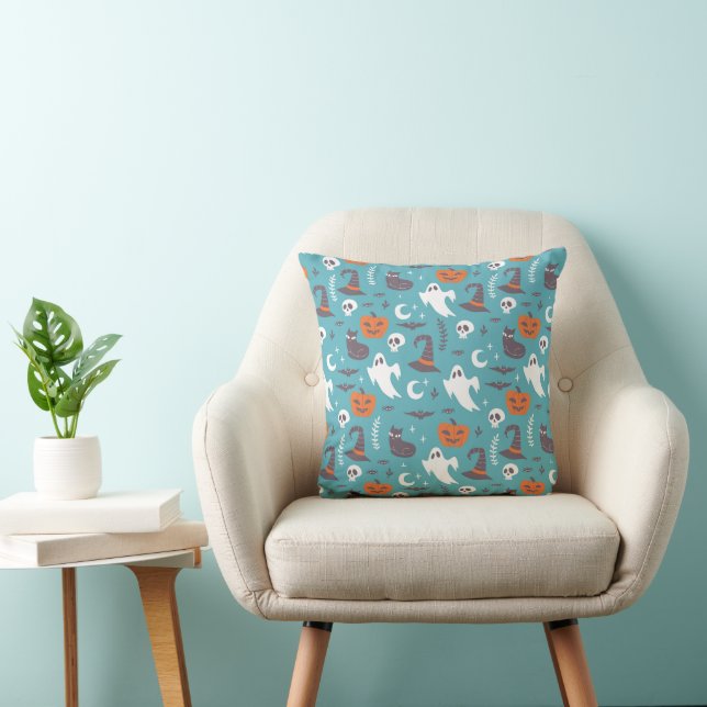 Fun Teal Doodle Halloween Pattern Cushion (Chair)
