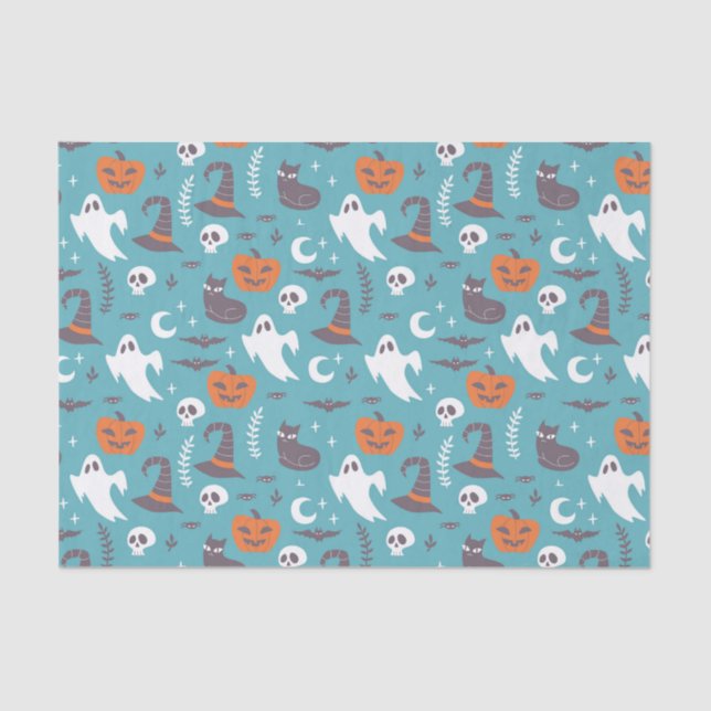 Fun Teal Doodle Halloween Pattern Tissue Paper (Front)