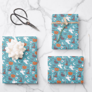 Fun Teal Doodle Halloween Pattern Wrapping Paper Sheet