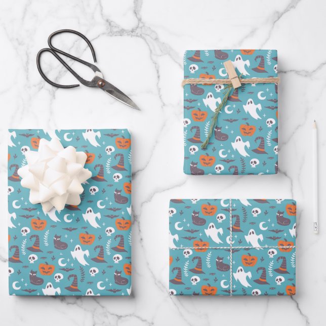 Fun Teal Doodle Halloween Pattern Wrapping Paper Sheet (Front)