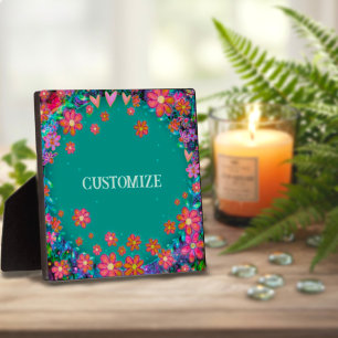 Fun Teal Floral Heart Whimsical Personalised  Plaque