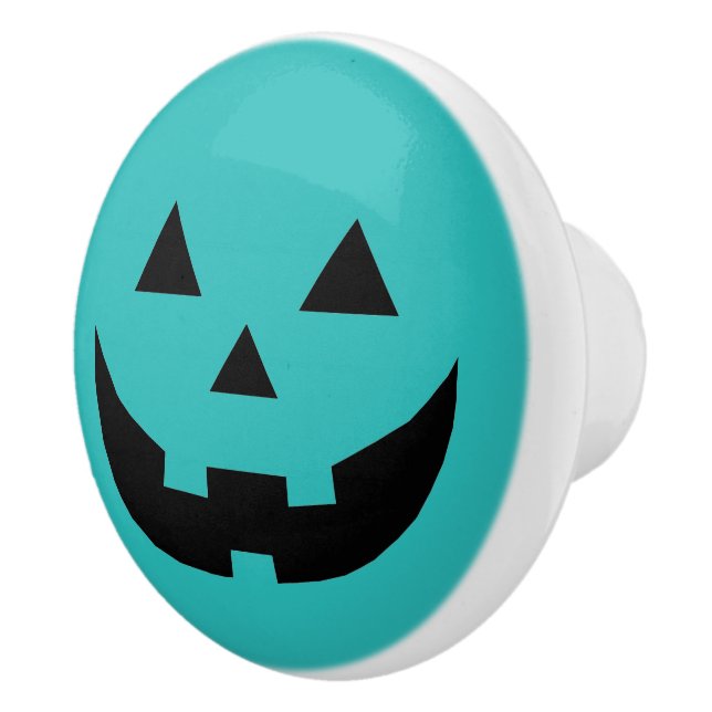 Fun teal Jack o lantern pumpkin face Halloween Ceramic Knob (Right)