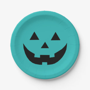 Fun teal jack o lantern pumpkin face Halloween Paper Plate