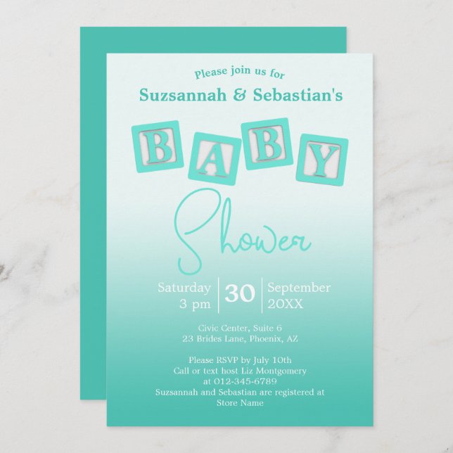 Fun Teal Ombre BABY Blocks Shower Invitation (Front/Back)