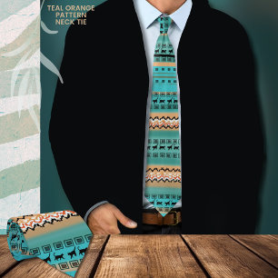 Fun Teal Orange Cats Pattern  Tie