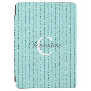 Fun Teal Turquoise Blue Glitter Stripes Monogram iPad Air Cover