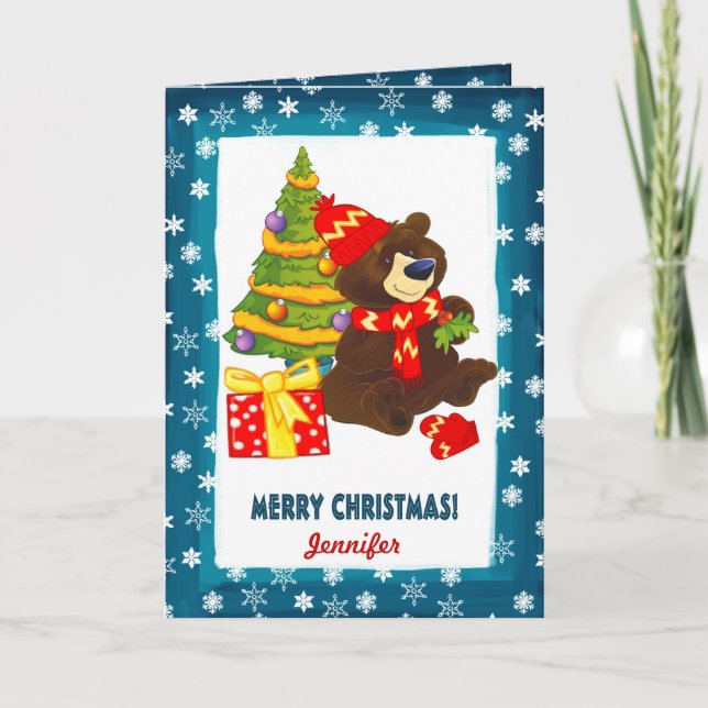  Fun Teddy Bear | Custom Name Christmas  Holiday Card (Front)
