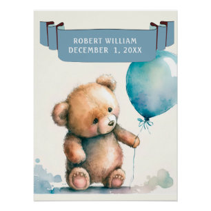 FUN TEDDY BEAR WITH BLUE BALLOON KIDS NAME POSTER