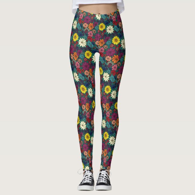 Fun tiled abstract floral based on daisy petals leggings (Front)