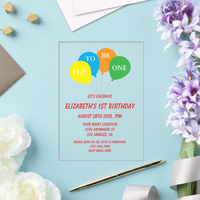 Fun To Be One 1st Birthday Acrylic Invitations (Insitu (Wedding))