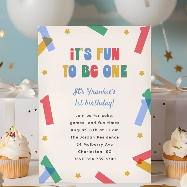 Fun To Be One 1st Birthday Party Invitation ("fun to be one" 1st birthday party invitation with large colourful number ones.)