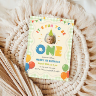 Fun to Be One 1st Birthday Photo Green Gingham  Invitation