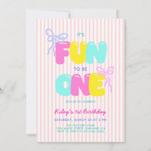 Fun to Be One Bows Pink Stripe Girl 1st Birthday Invitation