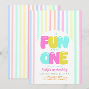 Fun to Be One Bubble Pastel Stripe 1st Birthday Invitation