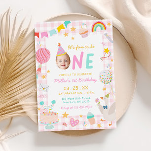 Fun to be One Colorful Photo Girl 1st Birthday Invitation