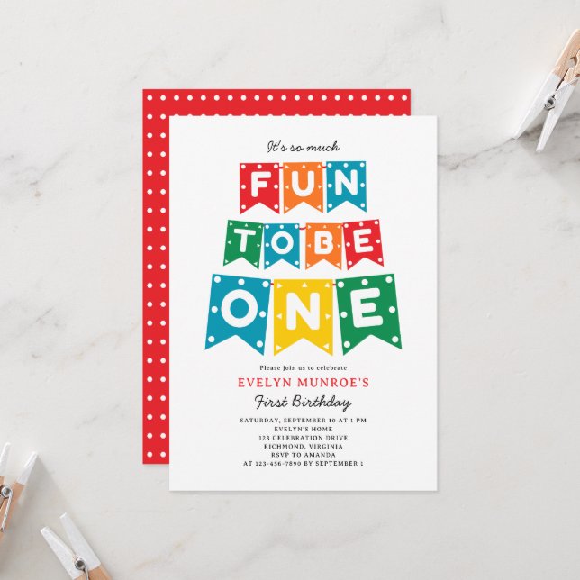 Fun To Be One Colourful 1st Birthday  Invitation (Front/Back In Situ)