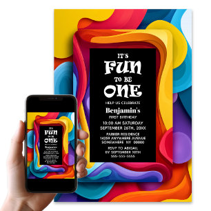 Fun to be One Colourful 1st Birthday Party Invitation