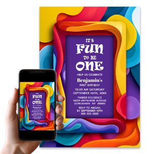Fun to be One Colourful 1st Birthday Party Invitation