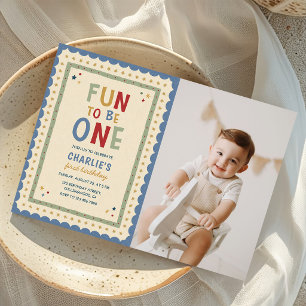 Fun to Be One Colourful 1st Birthday Photo Invitation