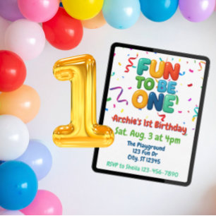 Fun to be One, Colourful Confetti 1st Birthday Invitation